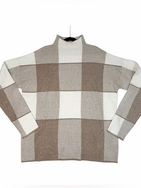 Women’s  Beige & Cream Check Knit Gingham Mock Neck Sweater Size Large